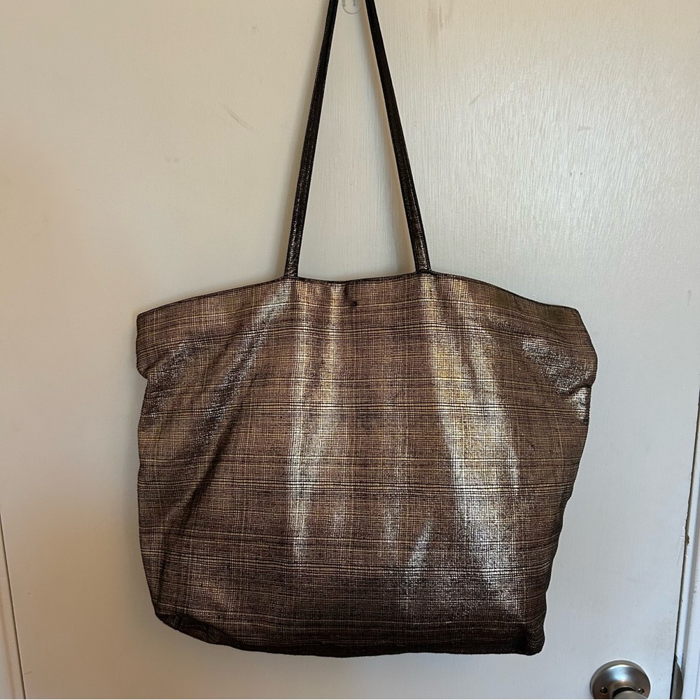 Gold and black tiny plaid grid patterned tote